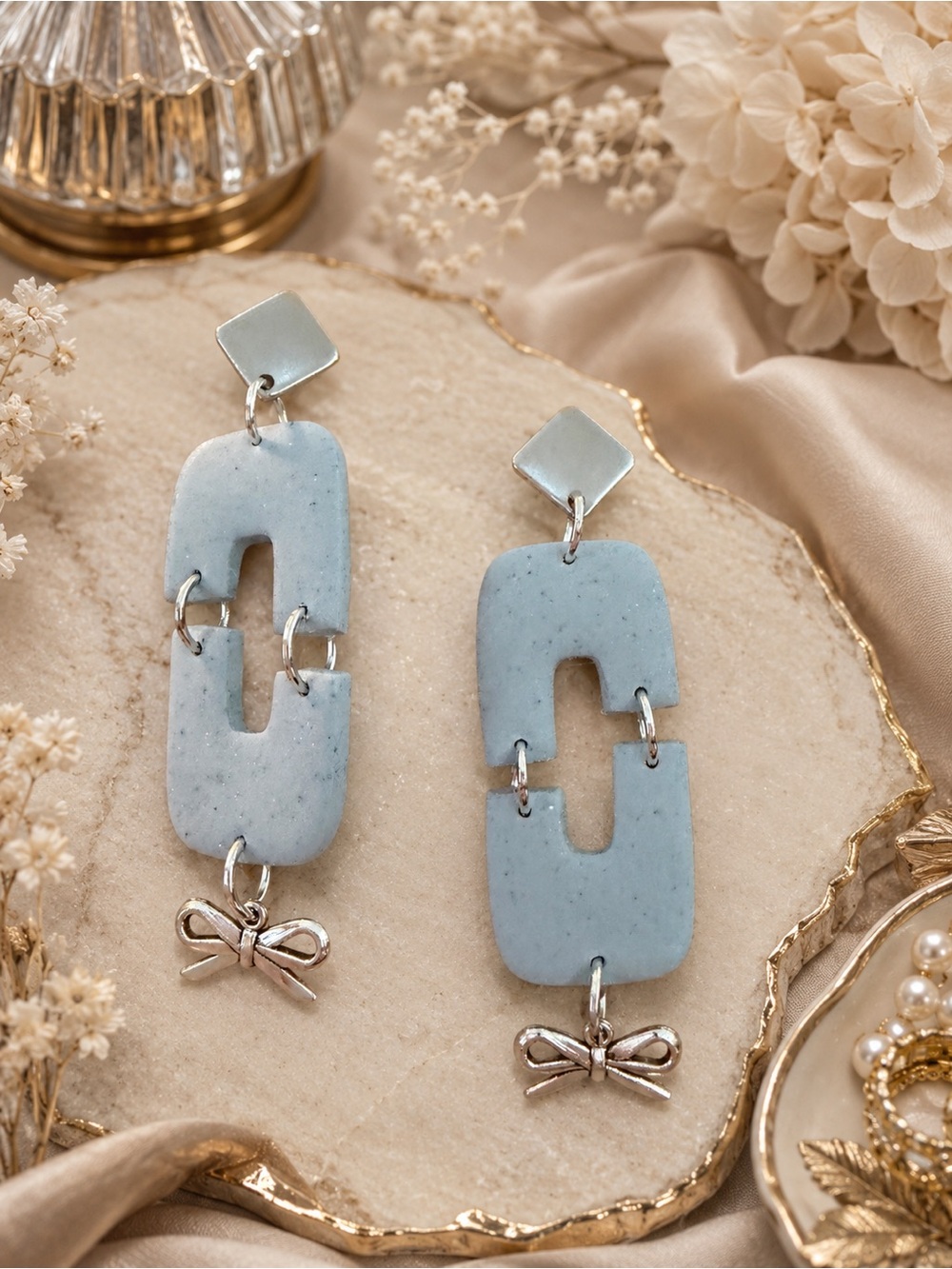 Sky Blue Linked Dangle Handmade Polymer Clay Earrings with Silver Bows